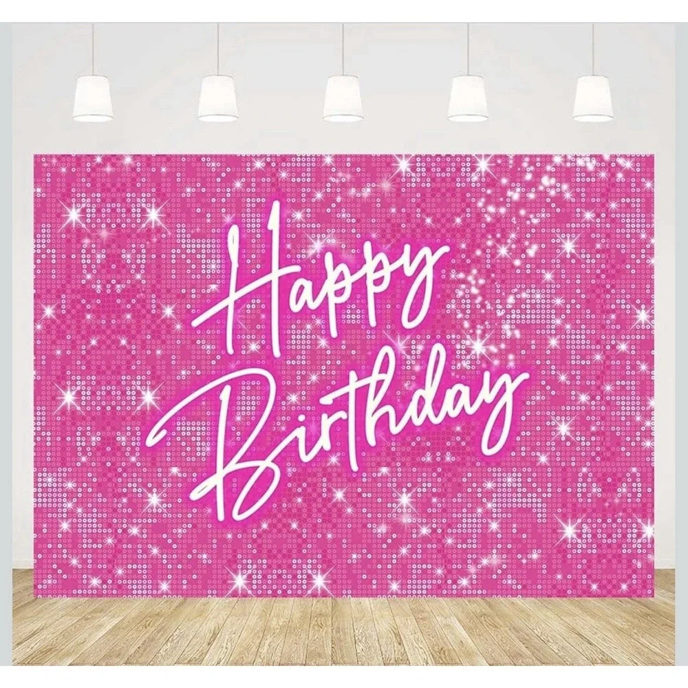 Pink Glitter 6ft x 8ft Happy Birthday Backdrop + Balloon Arch, Barbie Disco Glam